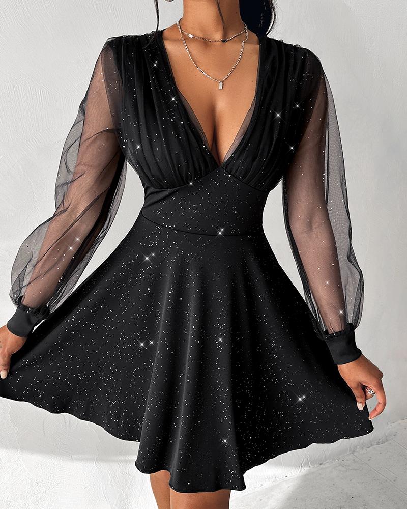 Sheer Mesh Glitter Plunge Party Dress