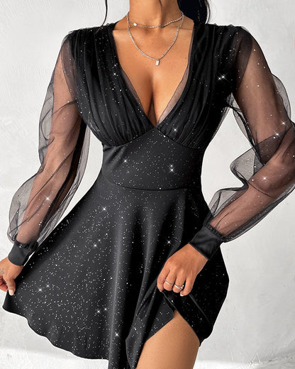 Sheer Mesh Glitter Plunge Party Dress