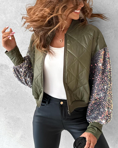 Contrast Sequin Zipper Design Puffer Jacket