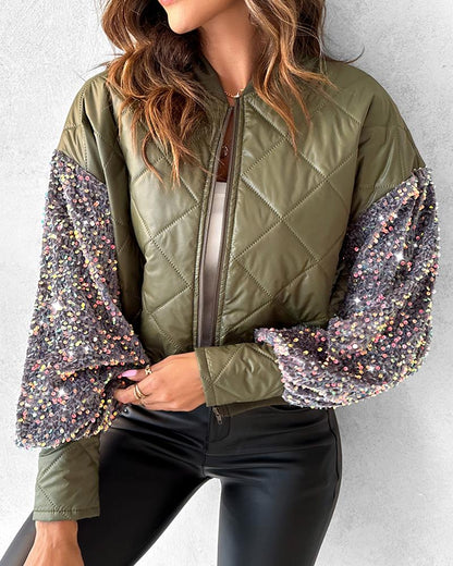 Contrast Sequin Zipper Design Puffer Jacket