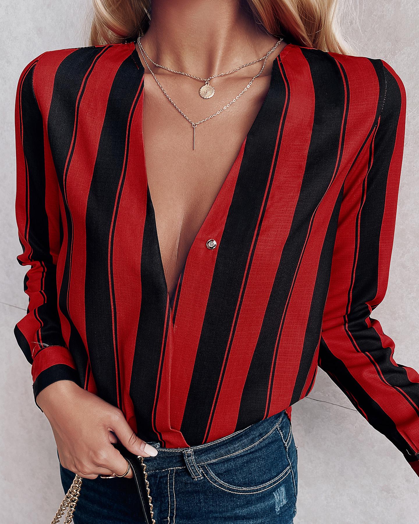 Stripes Deep V Long Sleeve Casual Blouse