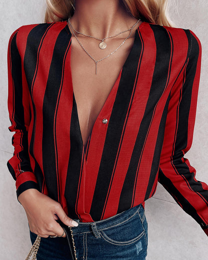 Stripes Deep V Long Sleeve Casual Blouse