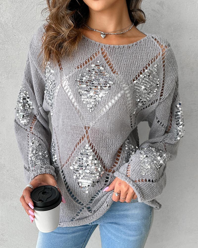 Argyle Pattern Contrast Sequin Knit Sweater