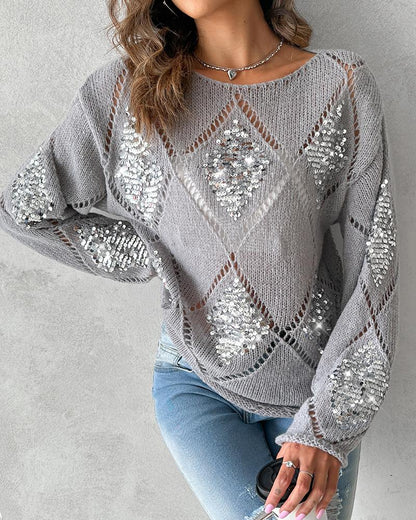 Argyle Pattern Contrast Sequin Knit Sweater