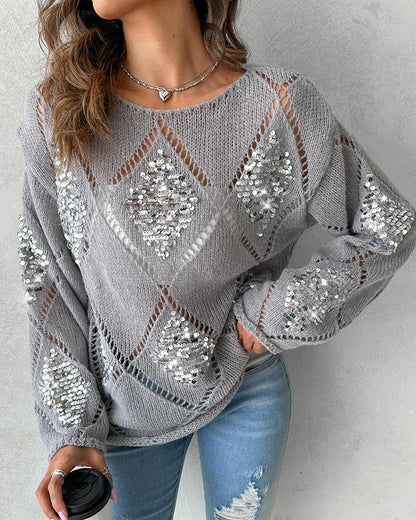 Argyle Pattern Contrast Sequin Knit Sweater