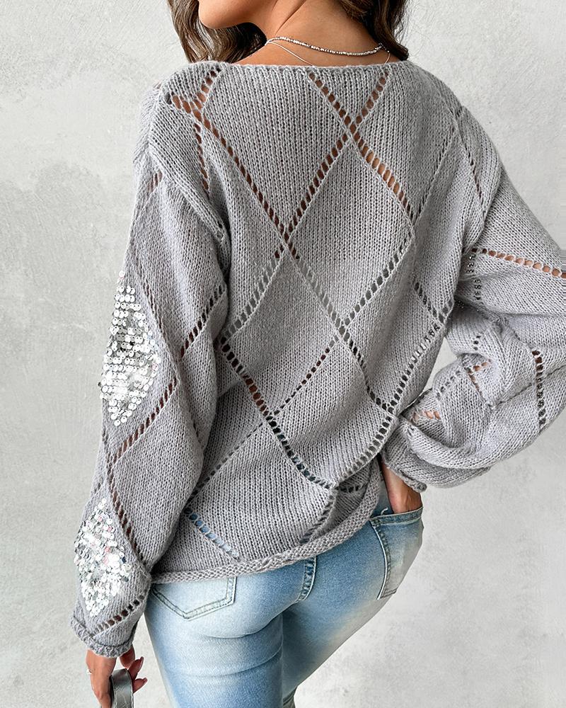 Argyle Pattern Contrast Sequin Knit Sweater