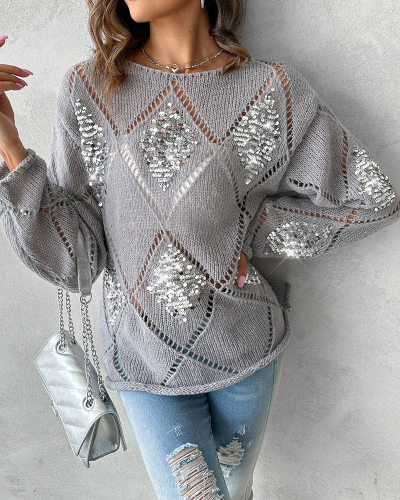 Argyle Pattern Contrast Sequin Knit Sweater