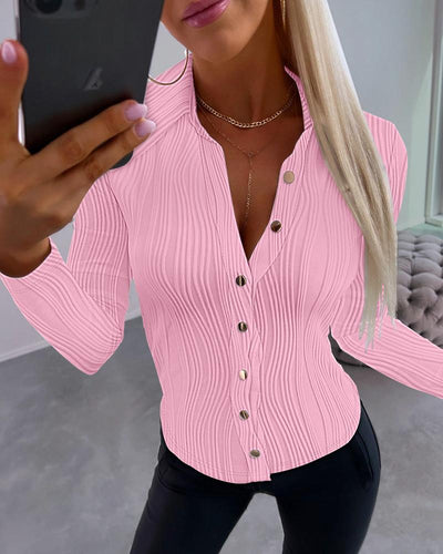 Buttoned Long Sleeve Textured Top
