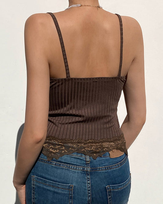 Solid Color Ribbed Splicing Lace Sling Tank