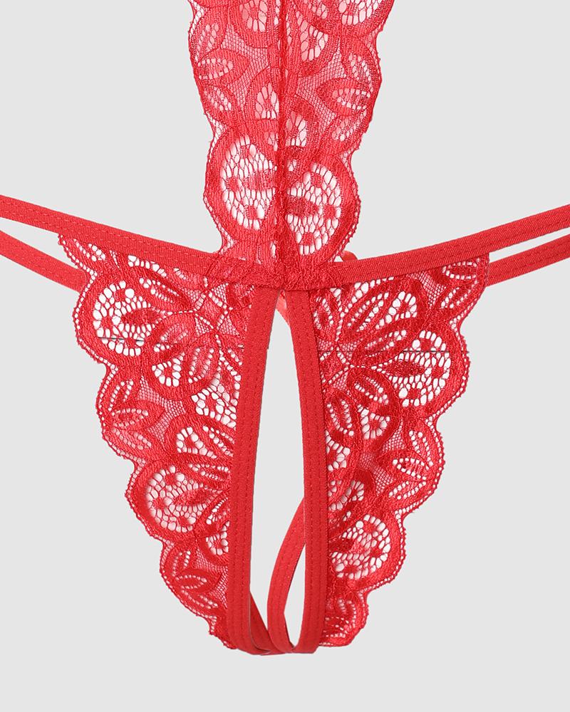 Bow Decor Cutout Backless Crotchless Lace Crotchless Teddy