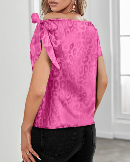 Leopard Print Bowknot Decor Satin Top