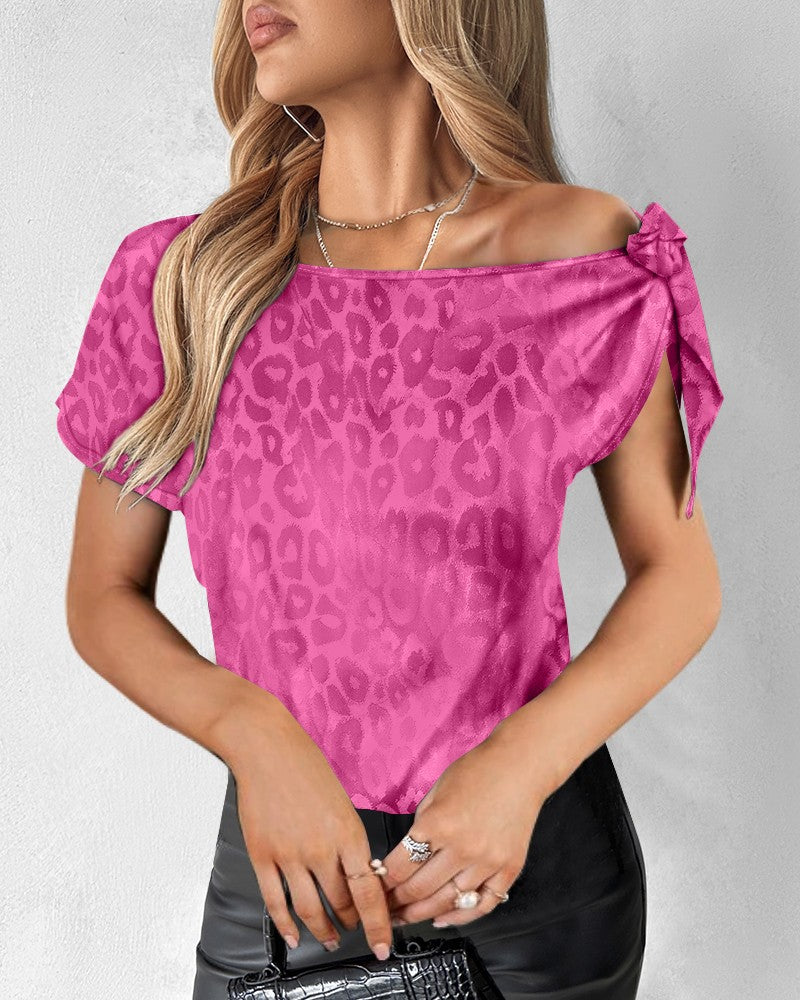 Leopard Print Bowknot Decor Satin Top