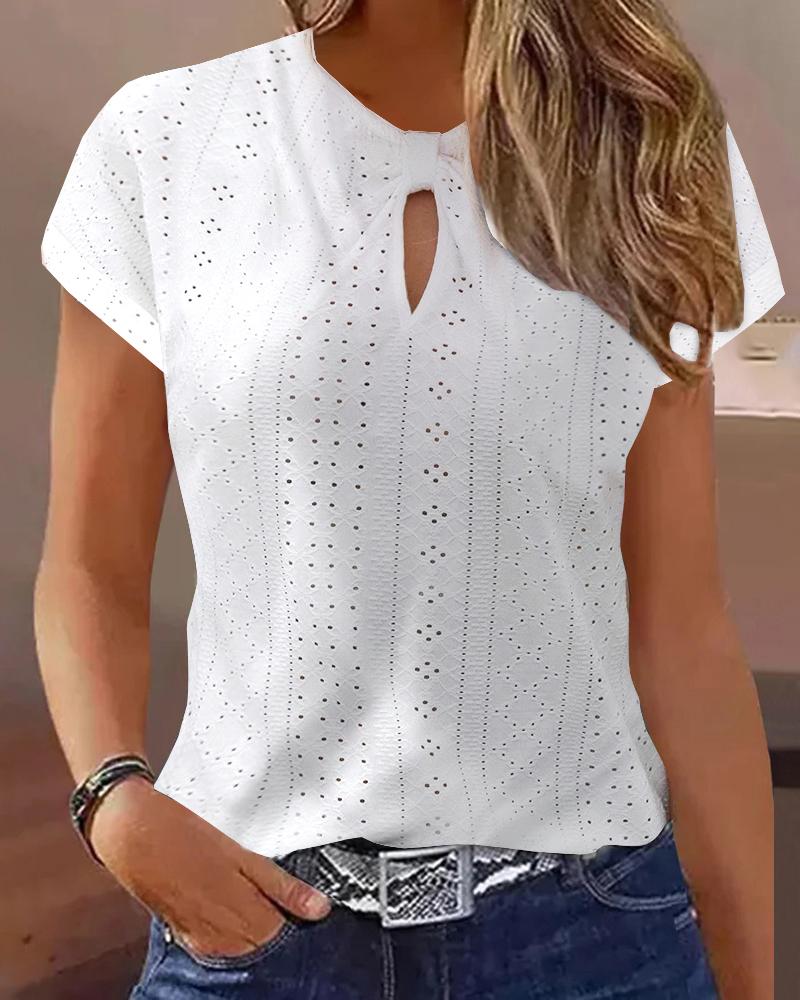 Eyelet Embroidery Keyhole Neck Top