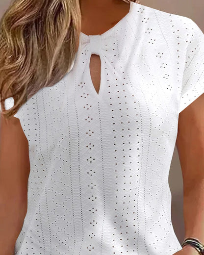 Eyelet Embroidery Keyhole Neck Top