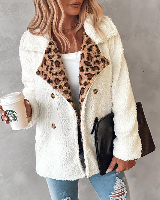 Contrast Leopard Double Breasted Teddy Coat