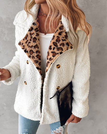 Contrast Leopard Double Breasted Teddy Coat