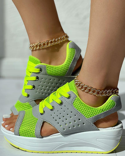 Colorblock Hollow Out Platform Wedge Sandals