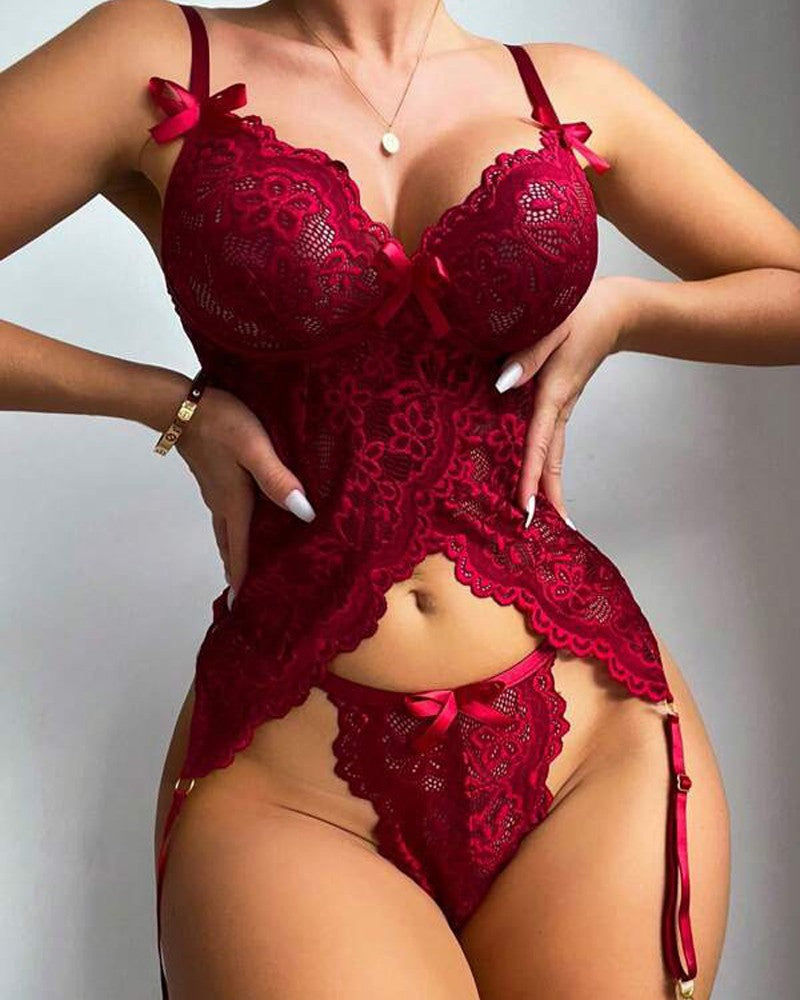 Bowknot Decor Spaghetti Strap Lace Lingerie Set