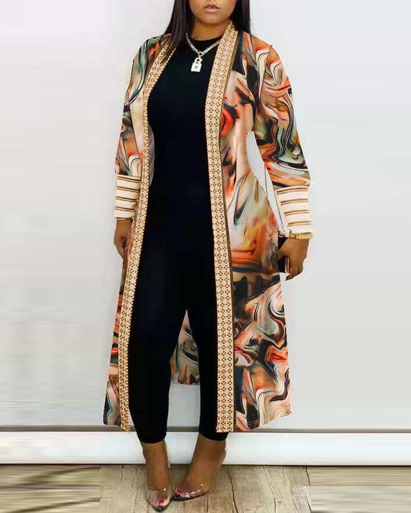 Plus Size Marble Print Open Front Longline Coat