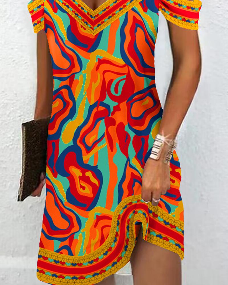 Multi Color Abstract Print Cold Shoulder Casual Dress