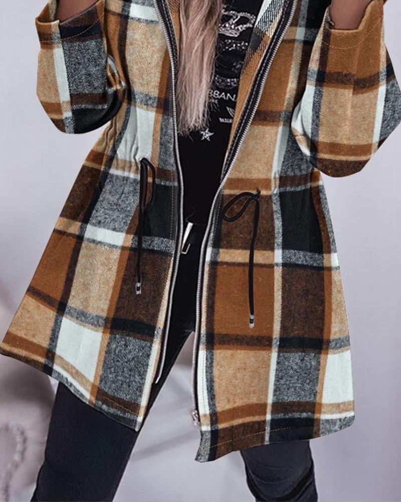 Plaid Pattern Zipper Design Drawstring Hooded Coat