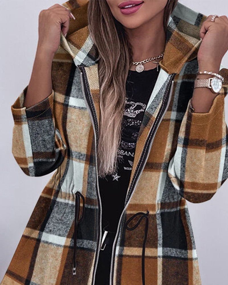 Plaid Pattern Zipper Design Drawstring Hooded Coat