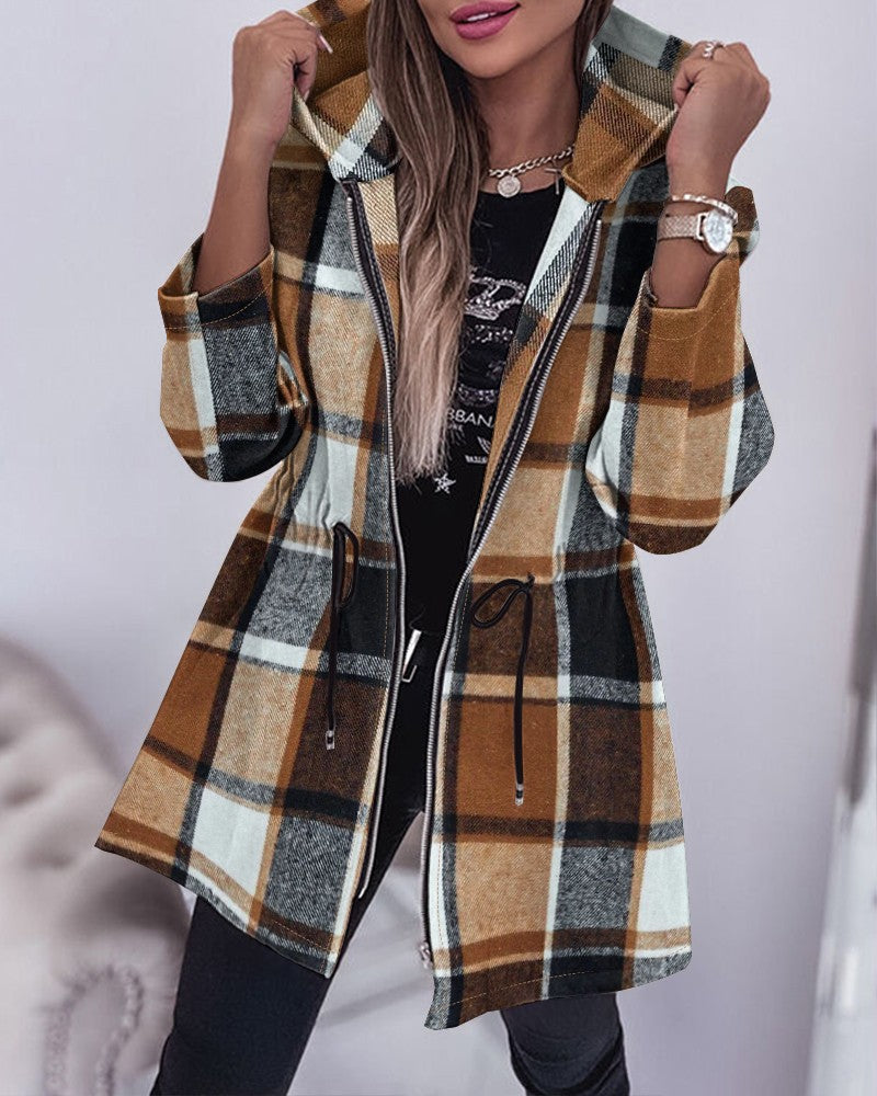 Plaid Pattern Zipper Design Drawstring Hooded Coat