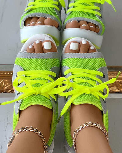 Contrast Paneled Cutout Lace up Muffin Sandals