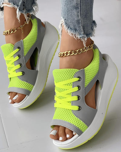 Contrast Paneled Cutout Lace up Muffin Sandals