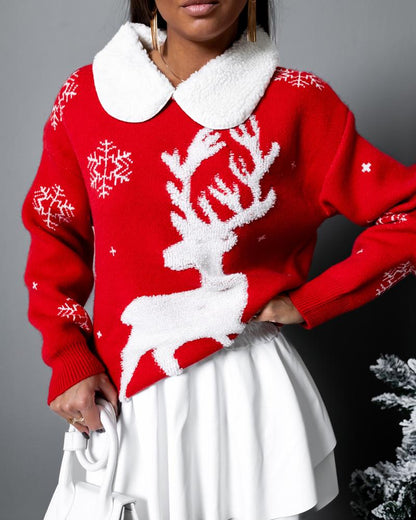 Christmas Reindeer Snowflake Pattern Colorblock Knit Sweater