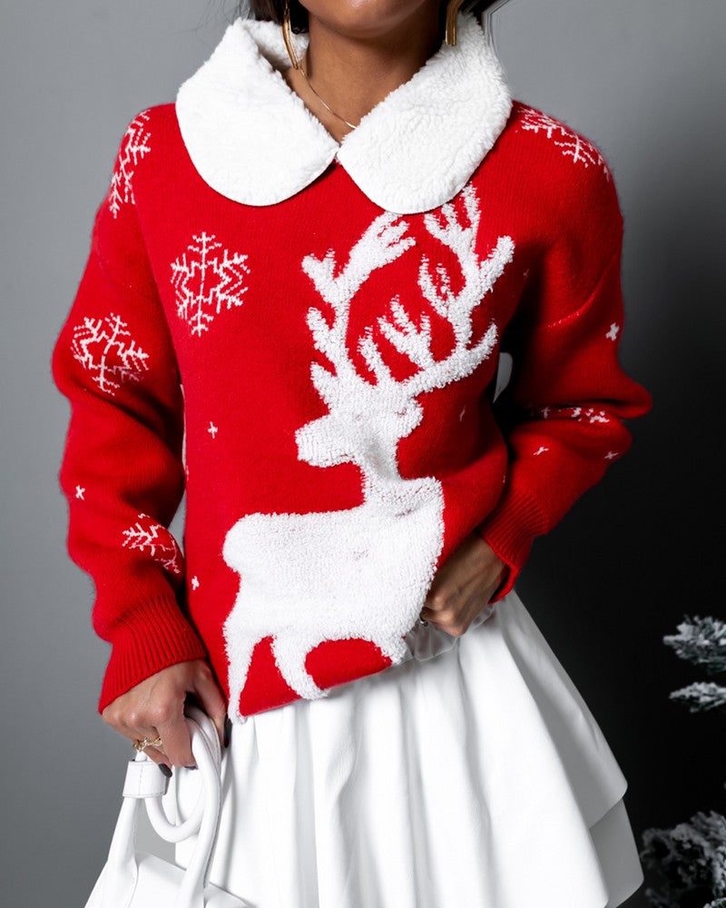 Christmas Reindeer Snowflake Pattern Colorblock Knit Sweater