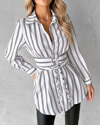 Striped Lace Up Front Shirt Dress