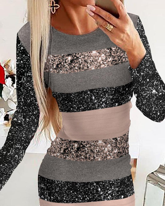 Colorblock Striped Print Long Sleeve Bodycon Dress