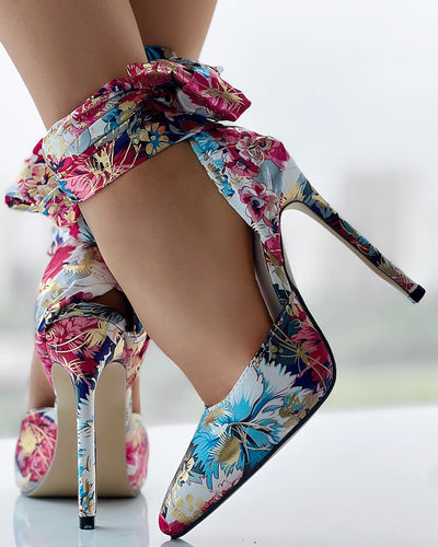 Floral Print Tied Ankle Thin Heels