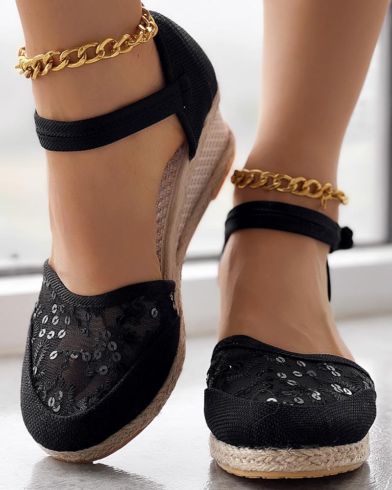 Embroidery Braided Espadrille Ankle Strap Wedge Sandals