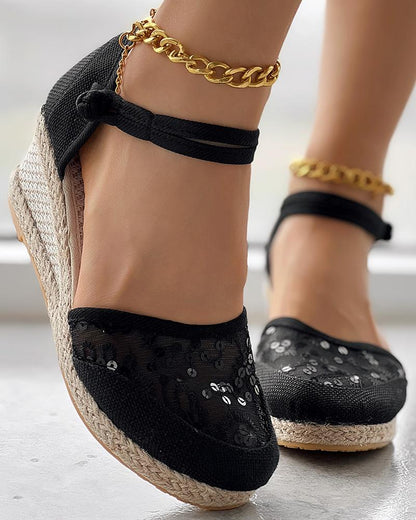 Embroidery Braided Espadrille Ankle Strap Wedge Sandals