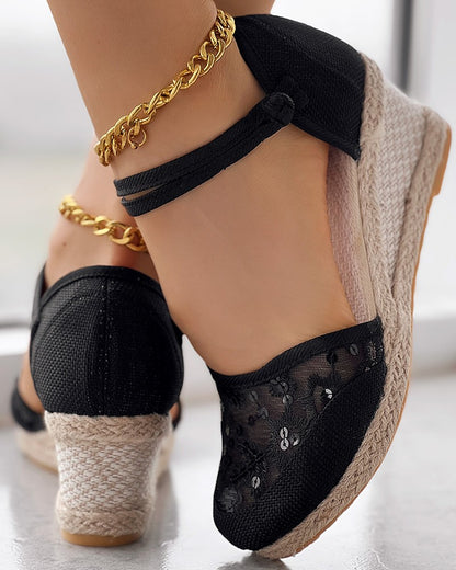 Embroidery Braided Espadrille Ankle Strap Wedge Sandals