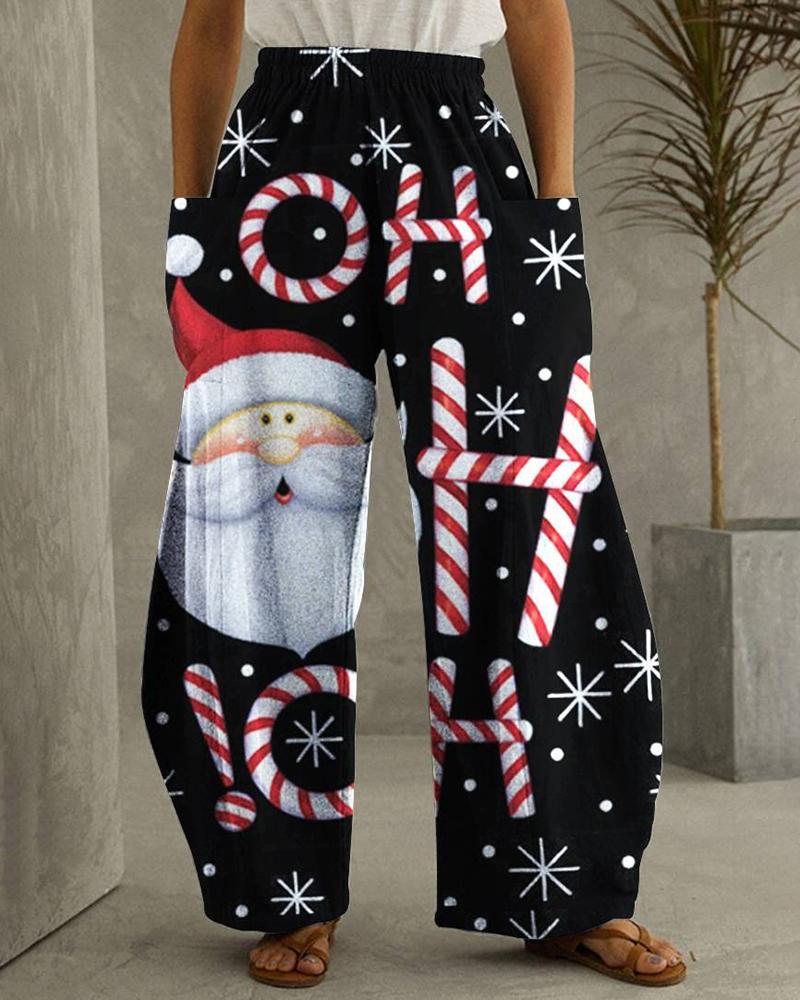 Christmas Santa Candy Print Pocket Design Wide Leg Pants
