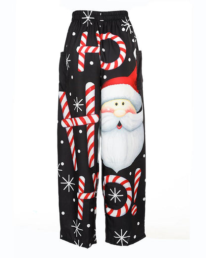 Christmas Santa Candy Print Pocket Design Wide Leg Pants