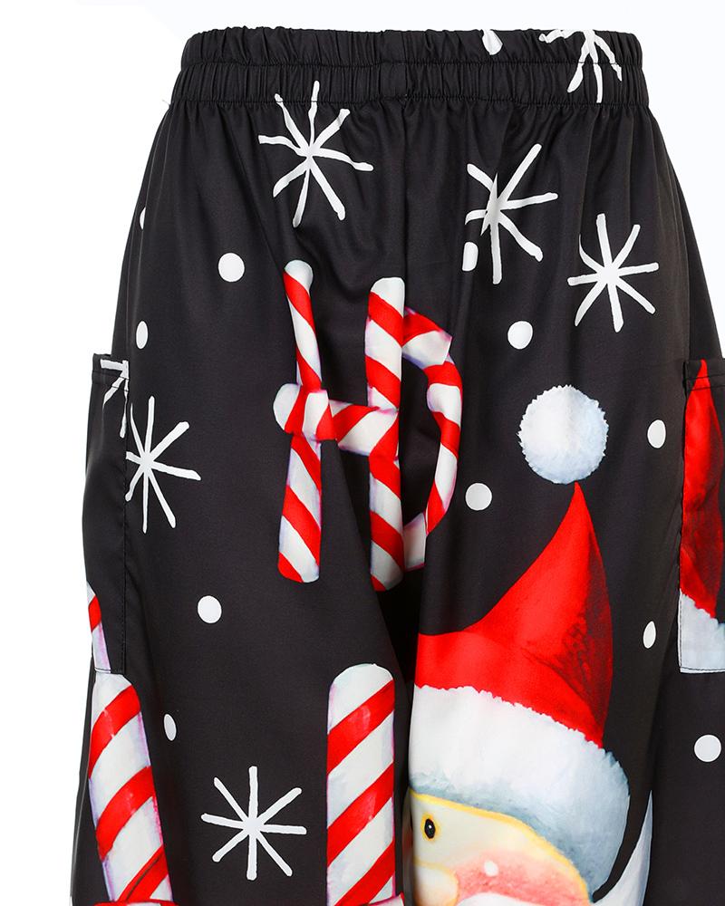 Christmas Santa Candy Print Pocket Design Wide Leg Pants