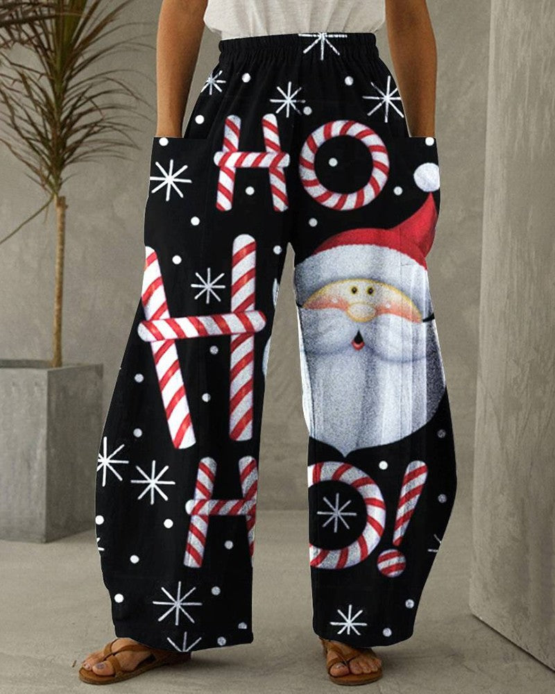 Christmas Santa Candy Print Pocket Design Wide Leg Pants