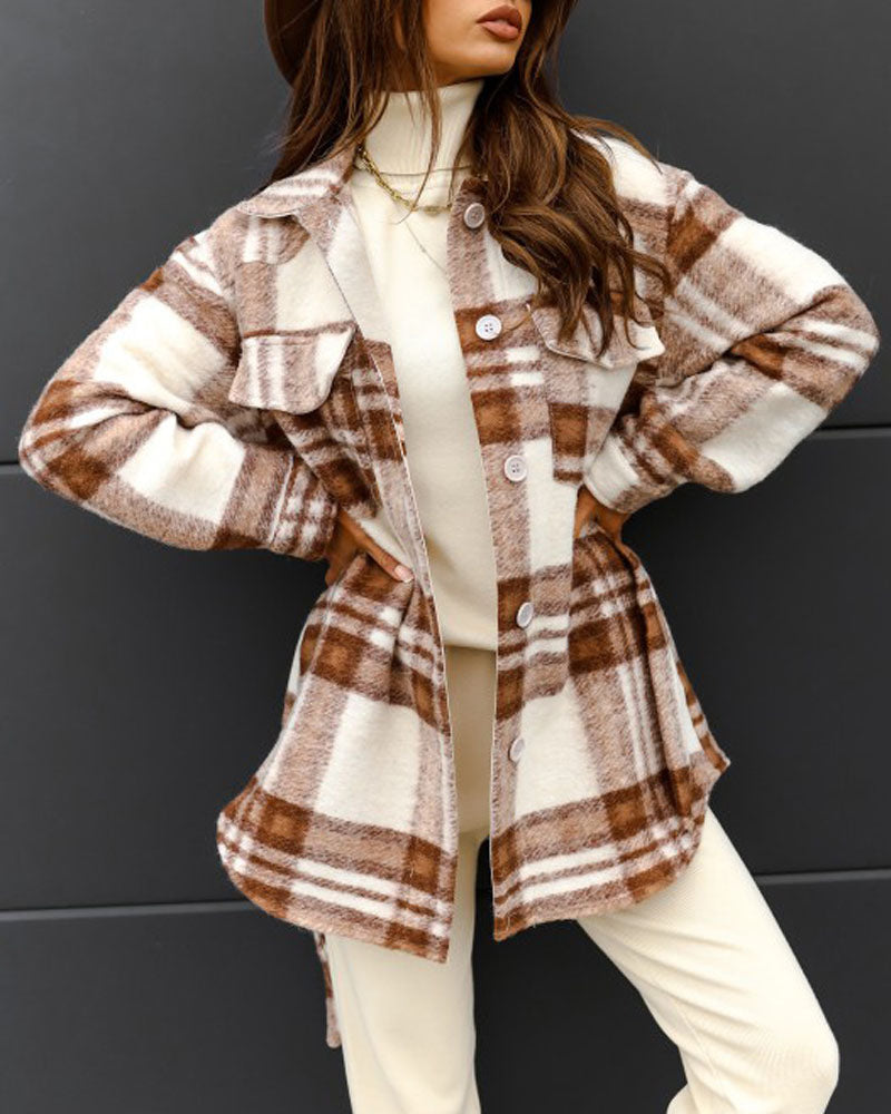 Plaid Print Flap Detail Button Down Belted Shacket