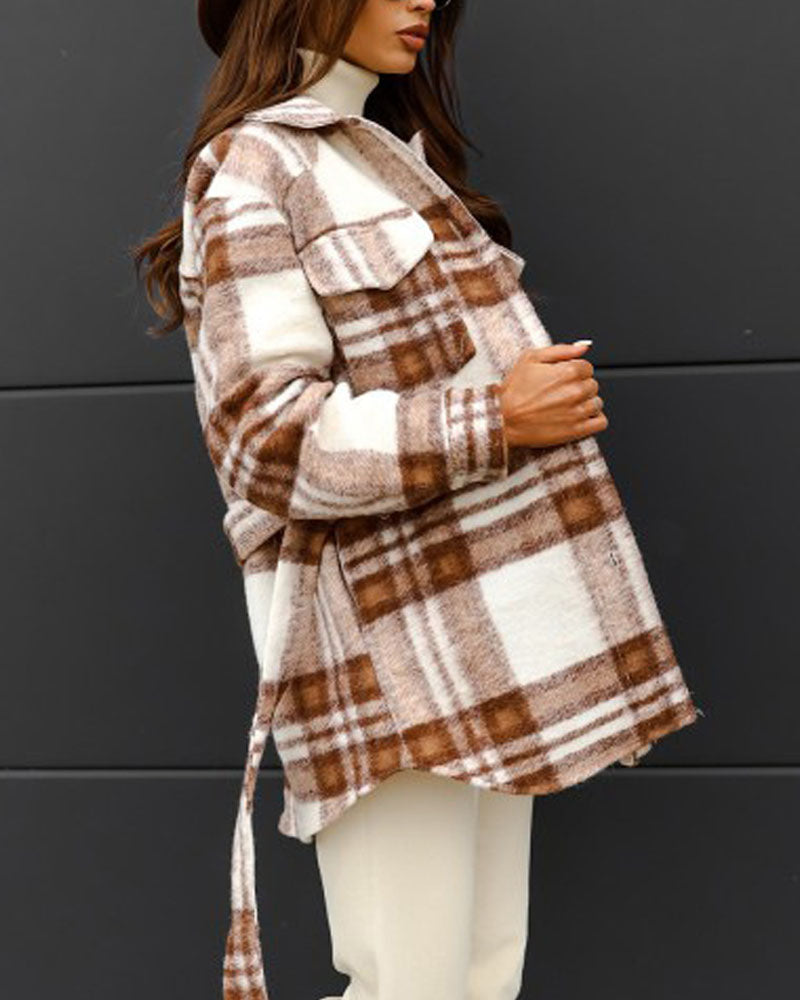 Plaid Print Flap Detail Button Down Belted Shacket