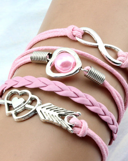 1pc Double Heart Pearl Decor Multi Layer Braided Leather Bracelet