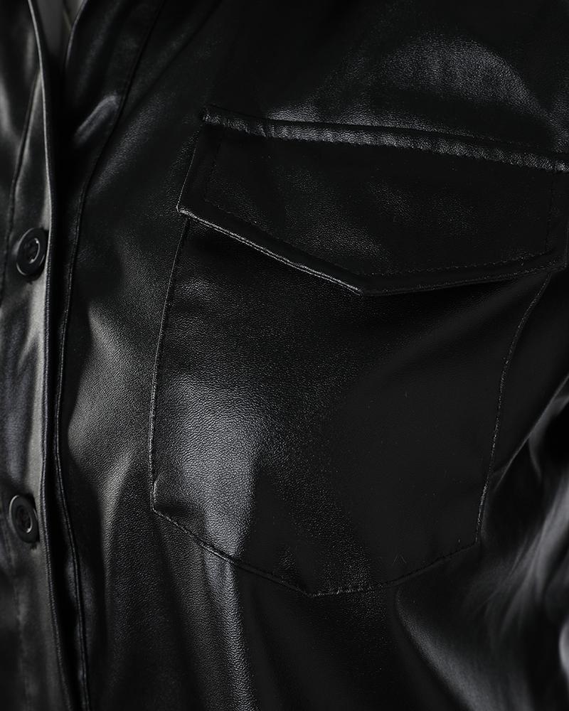 Pocket Design PU Leather Shirt & Cuffed Pants Set