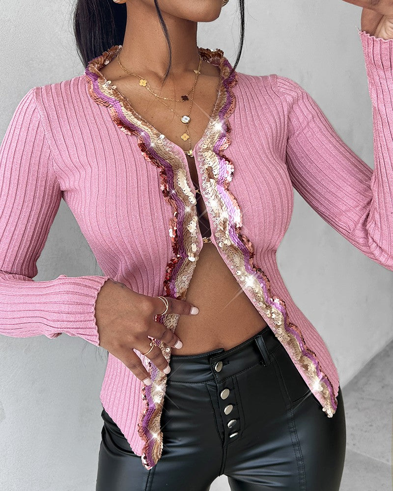 Contrast Sequin V Neck Knit Cardigan