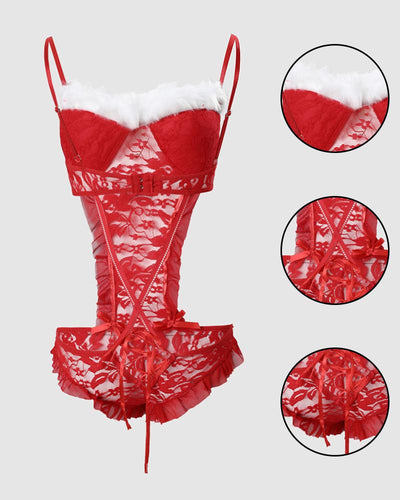 Christmas Lingerie Backless Bowknot Design Lace Fluffy Teddy