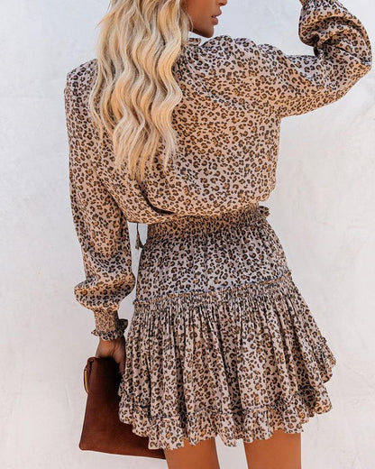 Cheetah Print Ruffles Long Sleeve Dress