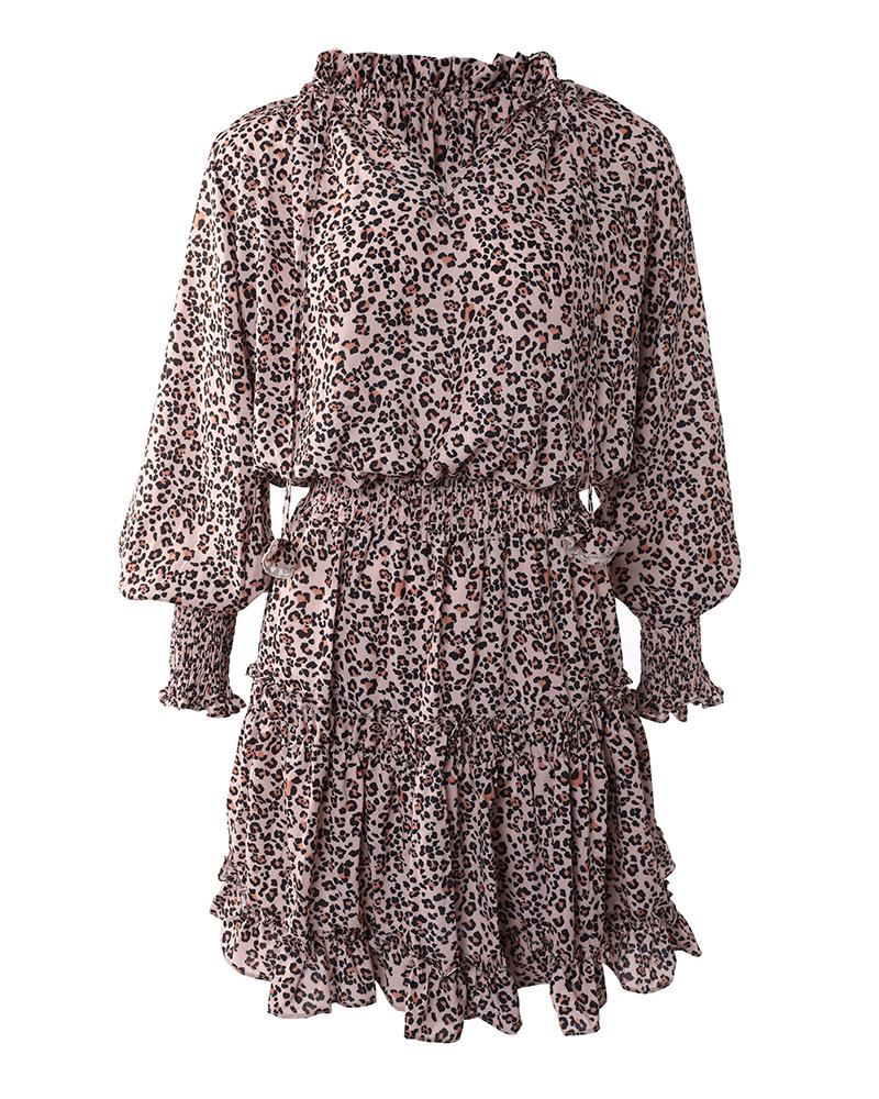 Cheetah Print Ruffles Long Sleeve Dress