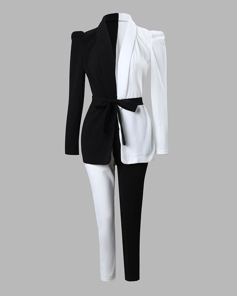 Colorblock Shawl Collar Tie Front Blazer & Pants Set